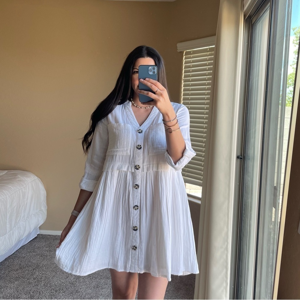 Mud Pie White Crinkle Button Babydoll Dress
